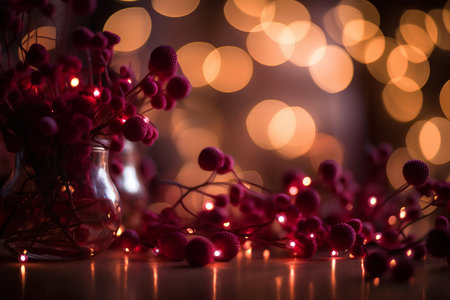 Christmas still life with red berries in glass vase and garland lights on backgroundの素材