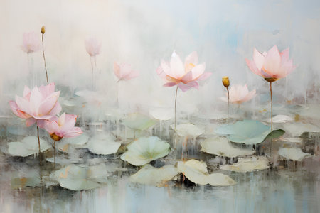 Beautiful water lily flowers in the pond. Digital painting.の素材