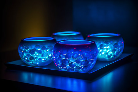 Glowing glass candlestick in blue and yellow light on a dark backgroundの素材