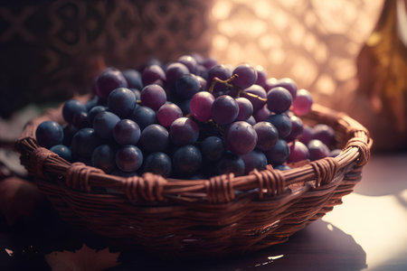 Basket of grapes on a wooden table. Selective focus.の素材