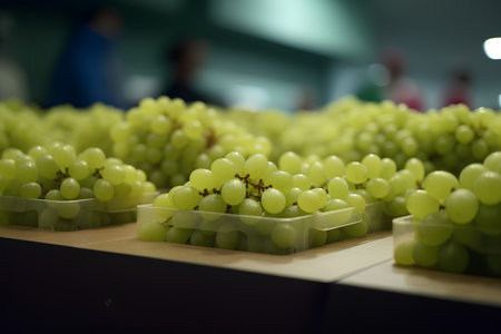 Grapes in a row on a conveyor belt in a factoryの素材