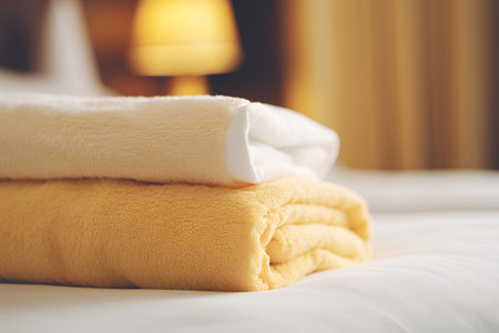 Closeup of stack of clean towels on bed in hotel room.の素材
