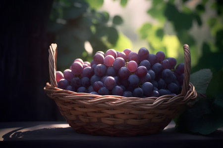 Wicker basket with fresh ripe grapes on wooden table in vineyardの素材
