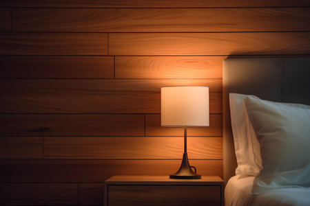 Lamp on the bed with wooden wall background. 3d renderingの素材