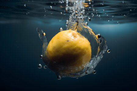 Lemon falling into water with a splash on a dark blue backgroundの素材