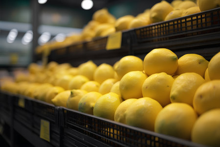 Lemons on the shelves in the supermarket. Selective focus.の素材
