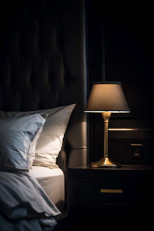 Lamp on bedside table in dark bedroom. 3d renderの素材