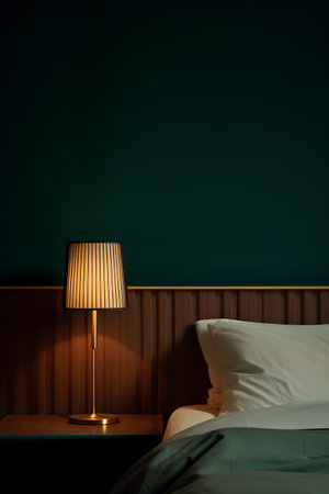 Interior of a hotel bedroom with a green wall and a table lamp. 3d renderの素材