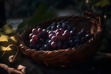 Grapes in a basket on a table in a vineyardの素材