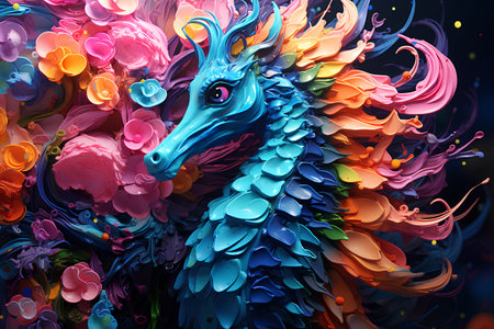 Colorful dragon with flowers in the form of a rainbow. Vector illustration.の素材