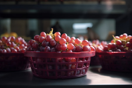 Grapes in a basket on the counter in the store.の素材