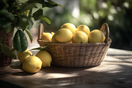 Lemons in a basket on a wooden table in the gardenの素材