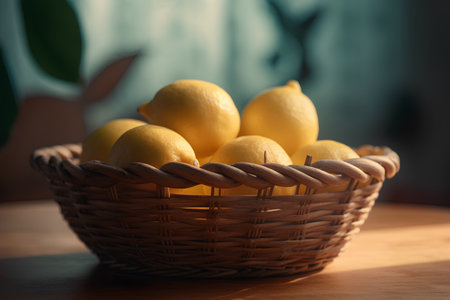 Lemons in a basket on a wooden table. Selective focus.の素材