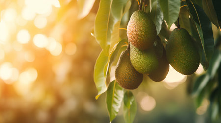 Avocado fruit on the tree in the orchard with sunlight.の素材