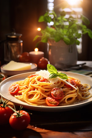 Spaghetti pasta with tomato sauce, parmesan cheese and basil