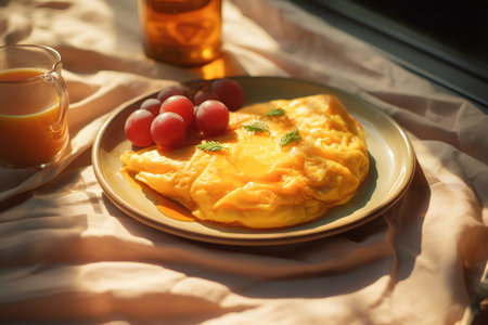 Omelet with grape on a plate. Breakfast in bed.の素材