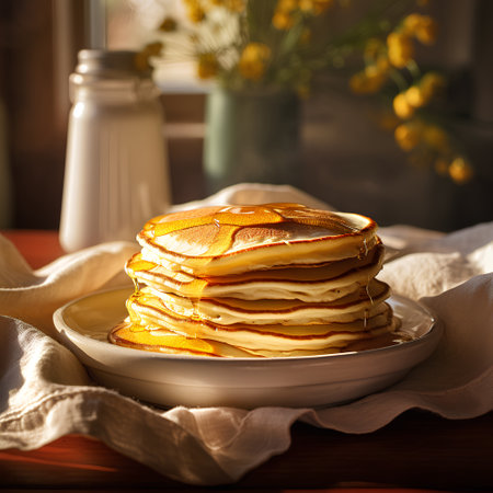 Pancakes with honey and butter on a plate on a wooden backgroundの素材