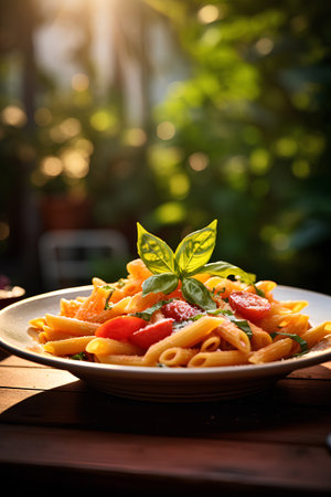 Penne pasta with tomato sauce and basil on a wooden table.の素材