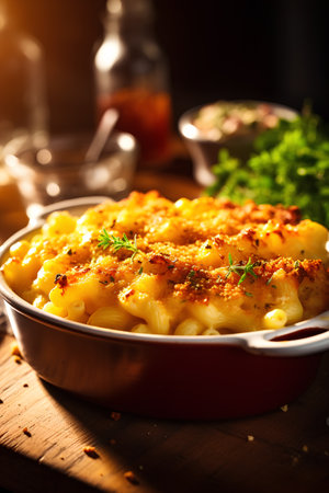 Baked macaroni with cheese and herbs in baking dish.の素材