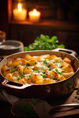 Potato gratin with cheese and parsley in a baking dishの素材