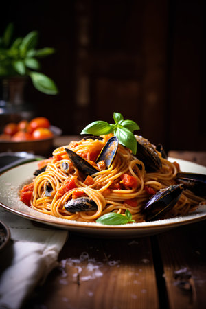 Spaghetti with mussels and tomato sauce on a wooden background. Selective focus.の素材