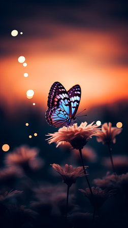 Beautiful butterfly on flower in the garden at sunset. Nature background.の素材
