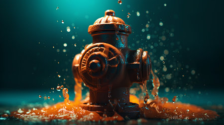 Fire hydrant with splashes of water on a dark background.の素材