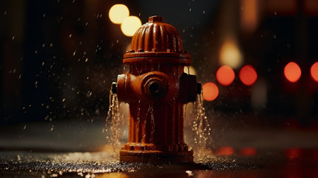 Fire hydrant in the rain on a dark background. Selective focus.の素材