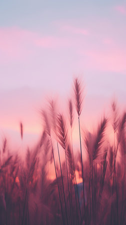 Beautiful grass flower on sunset background, vintage color tone style.の素材