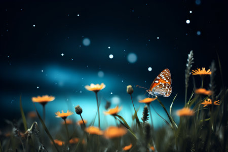 Butterfly on flower meadow at night with starry skyの素材