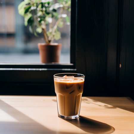 Iced coffee latte in glass on table in cafe, stock photoの素材