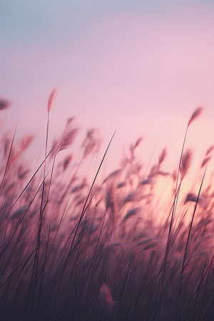 Grass flower on sunset sky background. Nature and environment concept.の素材