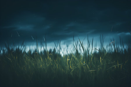 Beautiful nature background with grass field at night. 3d renderingの素材