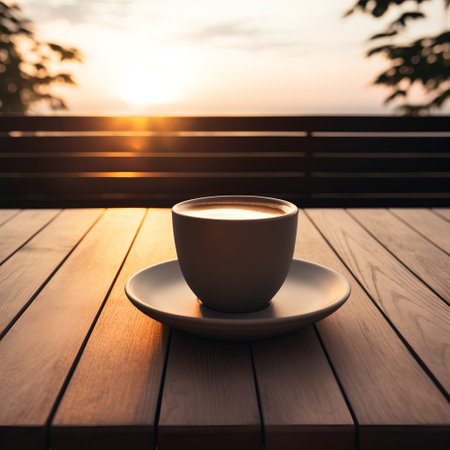 Coffee cup on wooden table with sunrise and sunset background.の素材