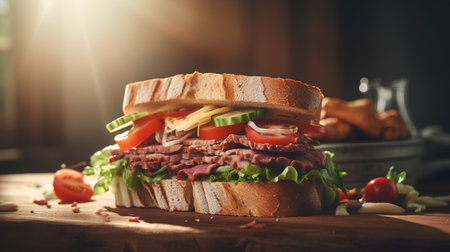 Sandwich with beef, tomato, cucumber and lettuce on wooden tableの素材