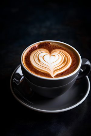 Cup of cappuccino with latte art on dark backgroundの素材