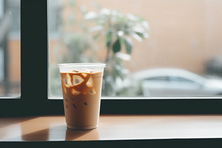 Iced coffee in plastic cup on window sill with bokeh background.の素材