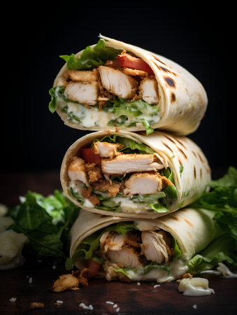 Tortilla wrap with chicken, cheese and salad on dark backgroundの素材