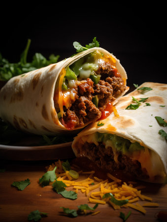 Traditional mexican burrito with beef and vegetables on wooden backgroundの素材