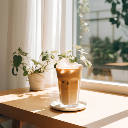 Iced coffee with milk in a glass on a wooden table.の素材