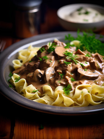 Tagliatelle with mushrooms and cream sauce on a wooden tableの素材