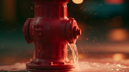 Red fire hydrant with sparks and bokeh background. Close up.の素材