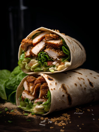Tortilla wrap with chicken meat and vegetables on a dark backgroundの素材