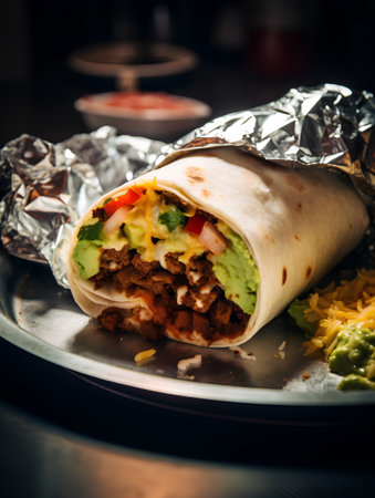 Mexican burrito with meat, vegetables and guacamoleの素材