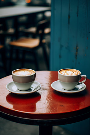 Coffee cup on wooden table in coffee shop, vintage styleの素材