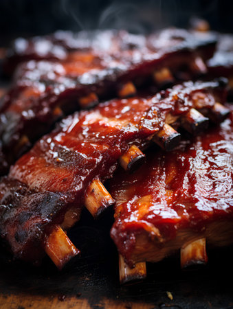 Grilled pork ribs with barbecue sauce on rustic wooden board.の素材
