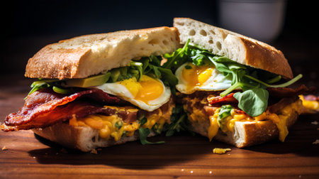 Sandwich with fried eggs, bacon and arugula on wooden tableの素材