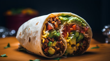 Mexican burrito with beef, avocado and vegetables on wooden tableの素材