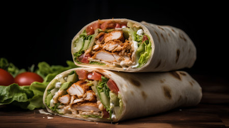 Tortilla wrap with chicken and vegetables on a wooden table.の素材