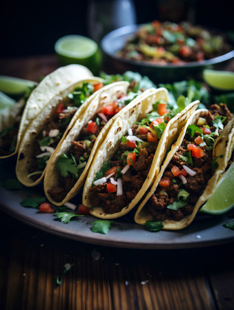 Traditional mexican tacos with beef and vegetables on rustic backgroundの素材
